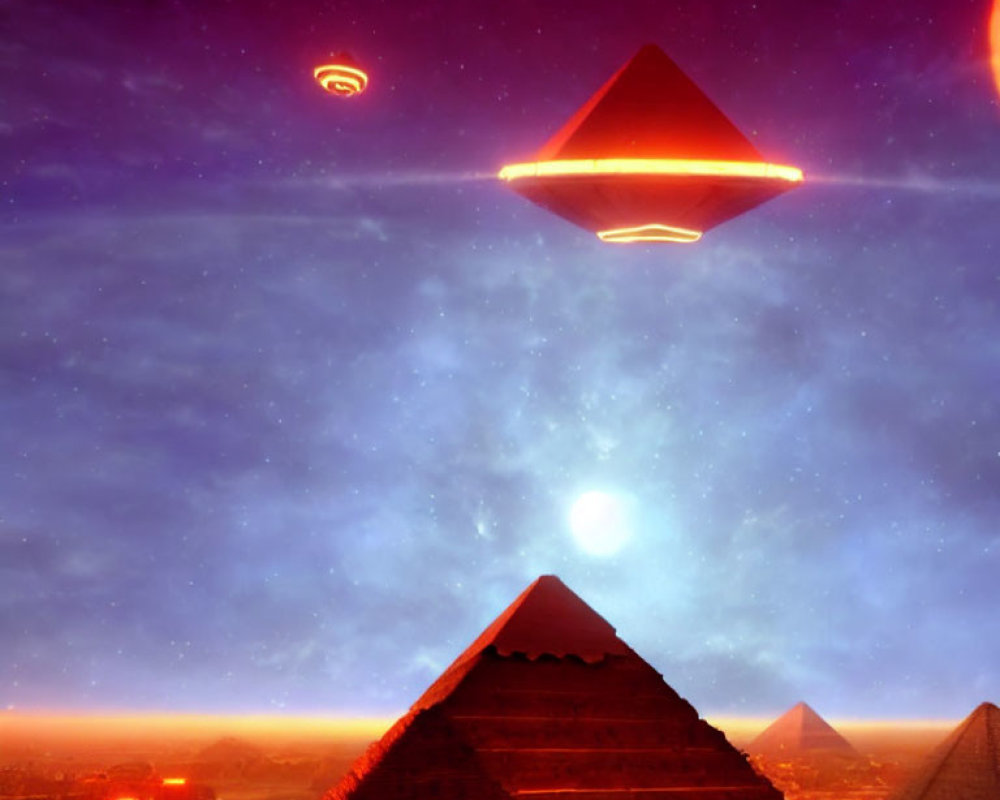 Digital Art: Flying Saucers over Egyptian Pyramids in Red Sky