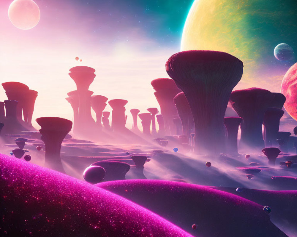 Alien landscape with towering mushroom-like formations under pink sky