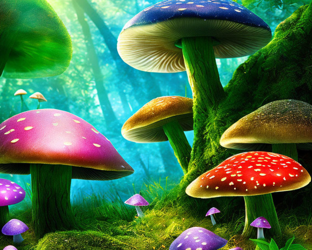 Vibrant fantasy mushrooms in enchanted forest landscape