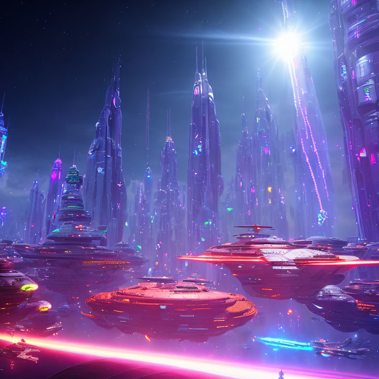 Neon-lit skyscrapers and flying vehicles in futuristic cityscape