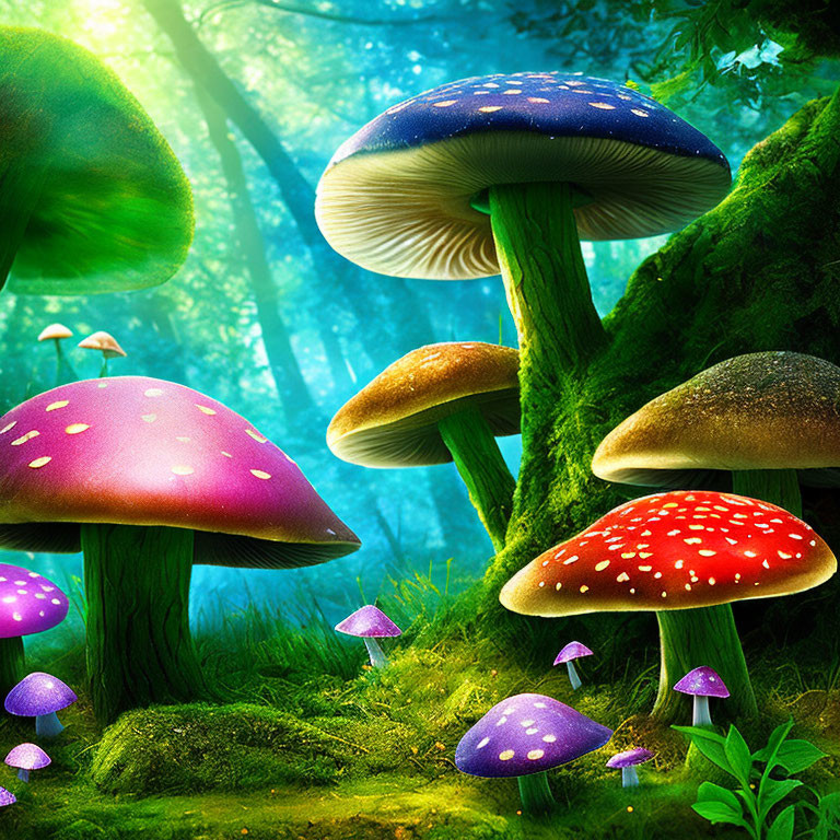 Vibrant fantasy mushrooms in enchanted forest landscape