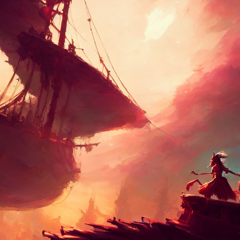 Fantasy art scene: tribal figure on canoe gazes at massive ship in red sky