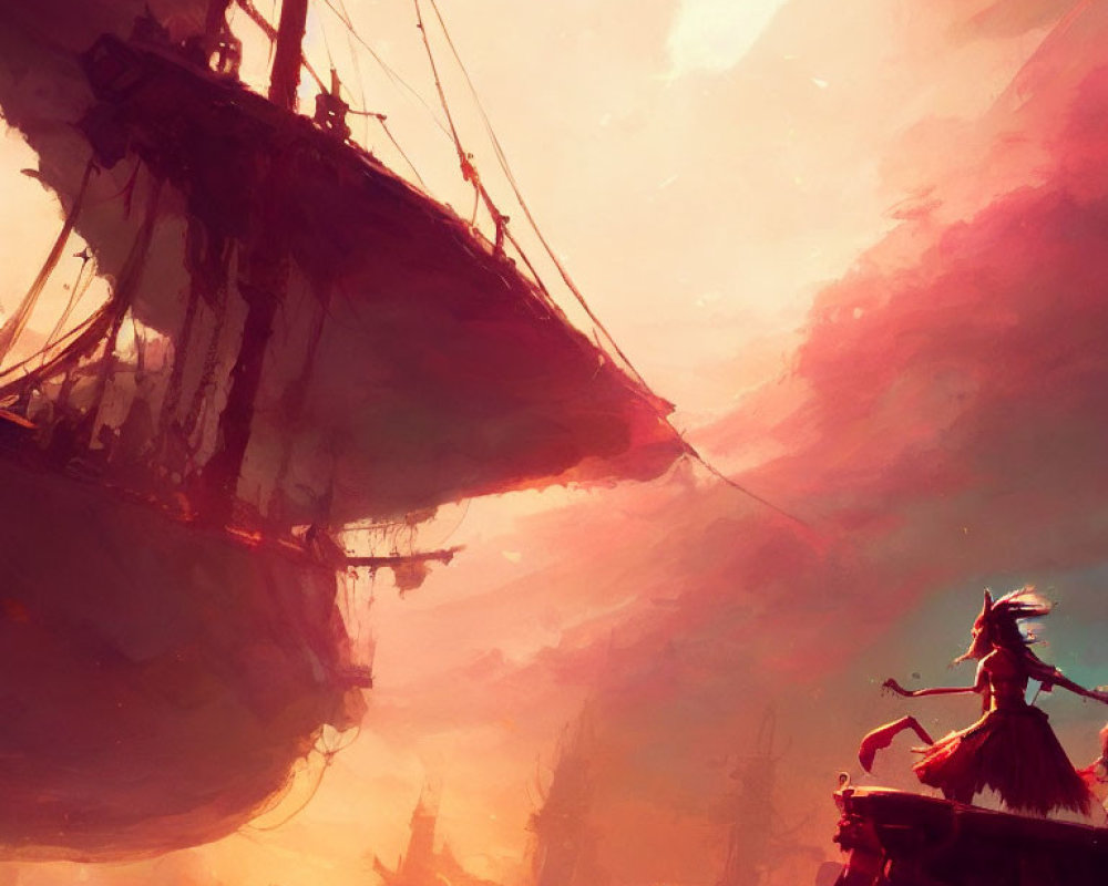 Fantasy art scene: tribal figure on canoe gazes at massive ship in red sky