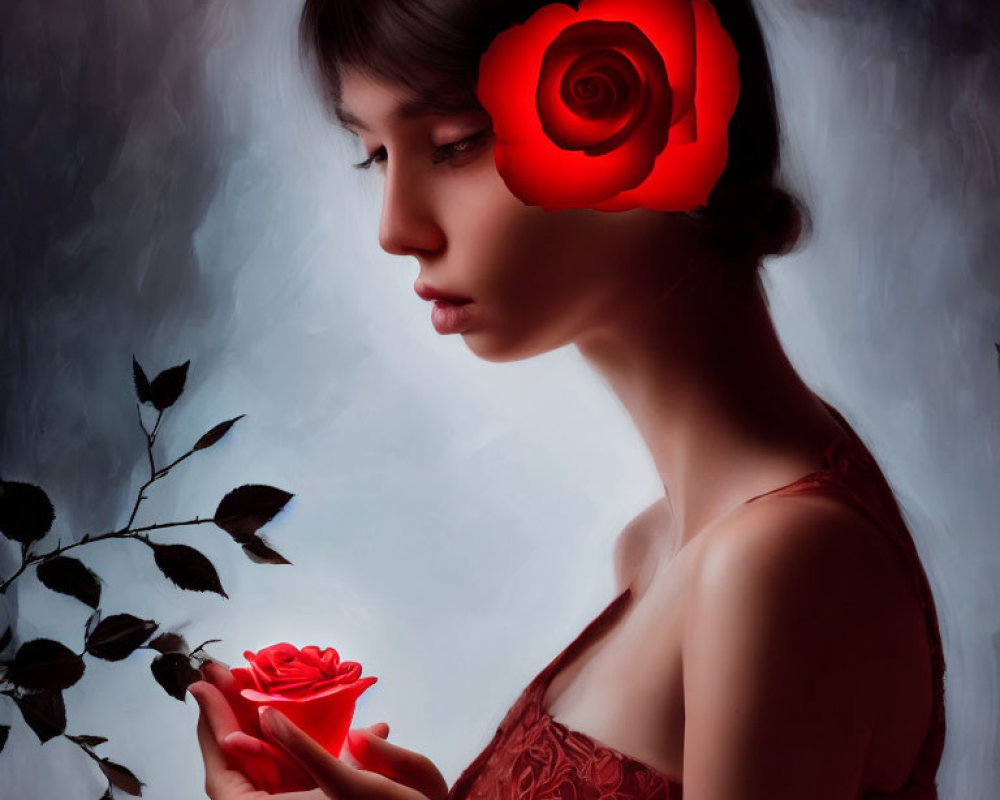 Woman with Red Rose in Hair Contemplates Flower on Dark Background