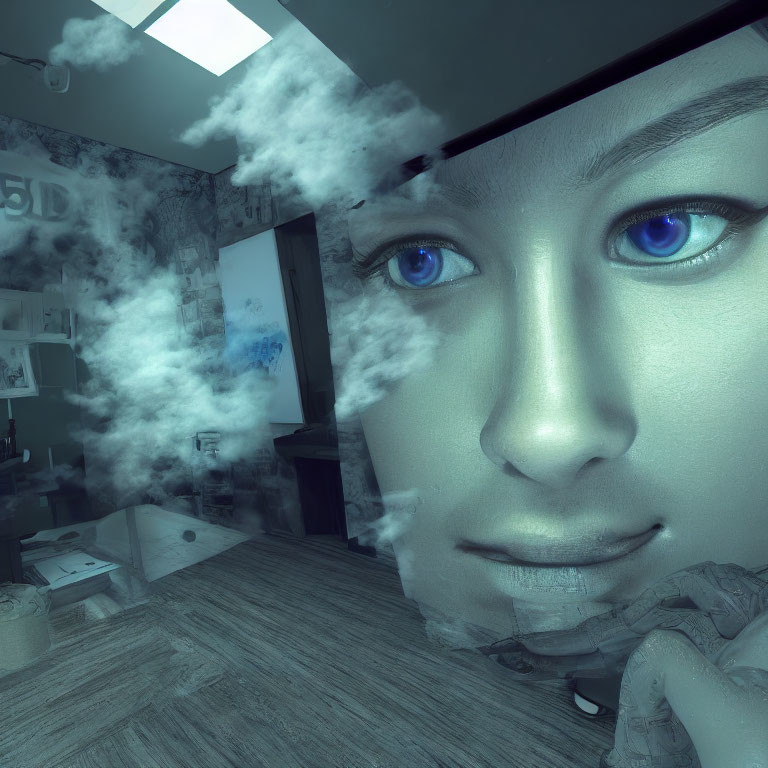 Surreal image of giant face with bright blue eyes in cluttered room