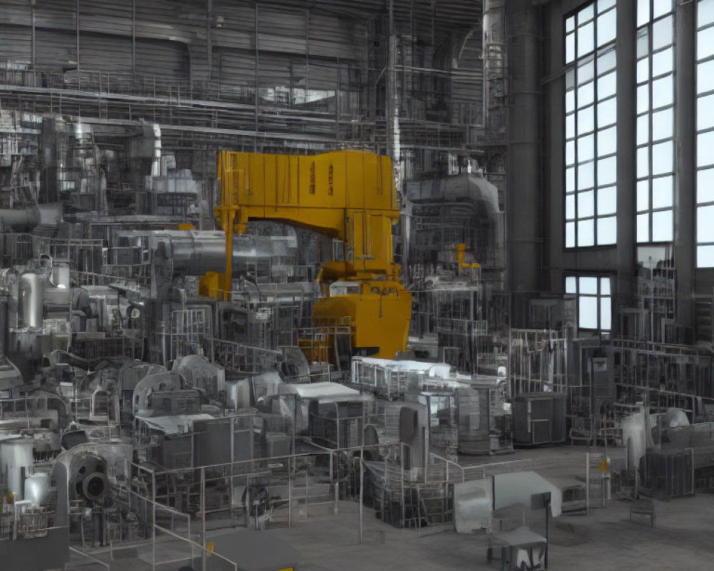 Large Yellow Crane in Industrial Indoor Setting with Metal Structures and Machinery