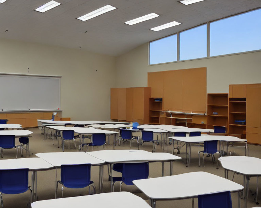 Empty Classroom with White Tables, Blue Chairs, Bookshelves, Whiteboard, and Lighting