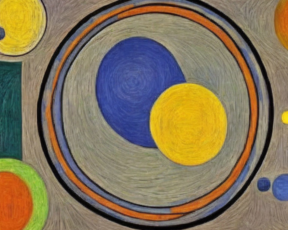 Abstract oil painting with dominant blue swirl and vibrant yellow rings.