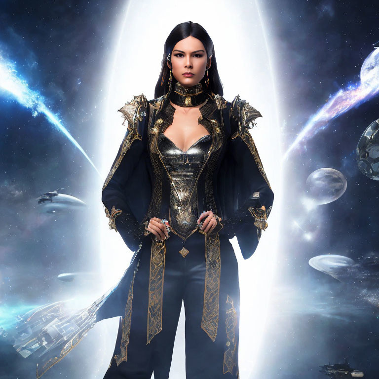 Sci-Fi digital artwork: Woman in black and gold outfit with intergalactic backdrop.