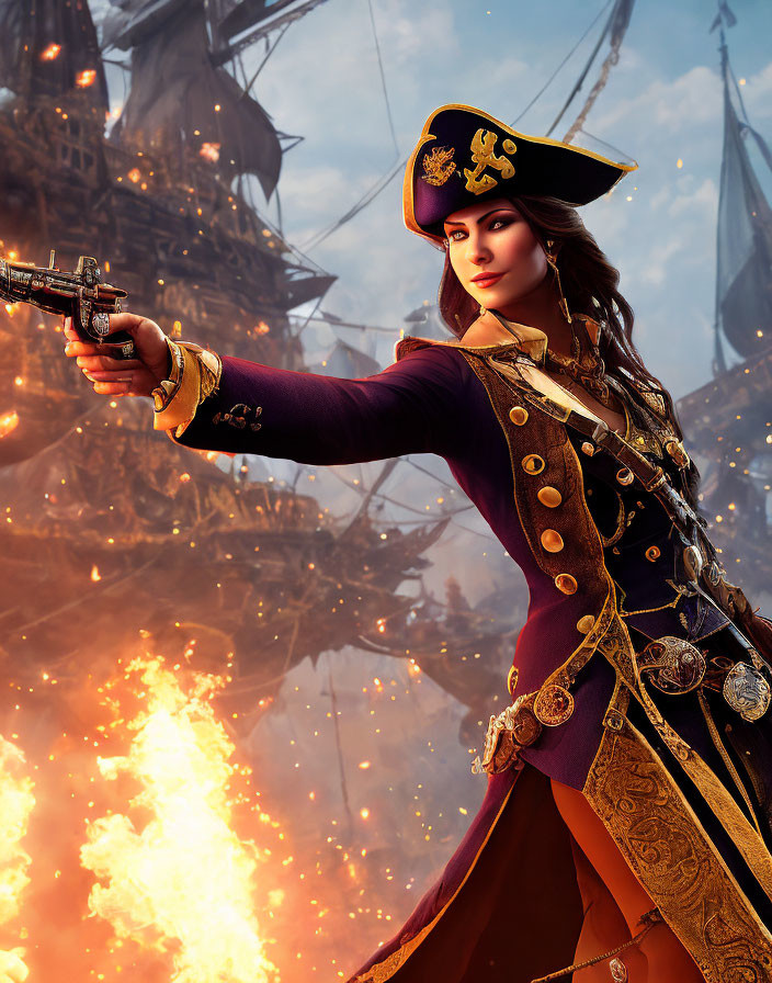 Female pirate captain in tricorne hat aiming flintlock pistol with burning ship backdrop.