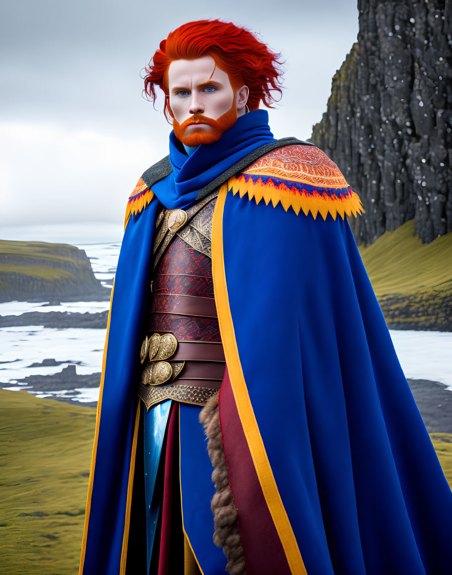 Regal man with red hair and ornate coat in digital artwork