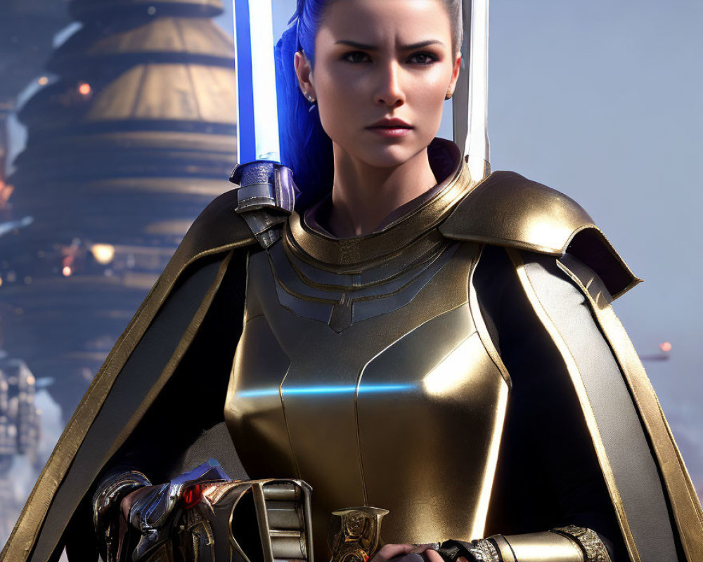 Futuristic armored woman with glowing blue sword in sci-fi setting