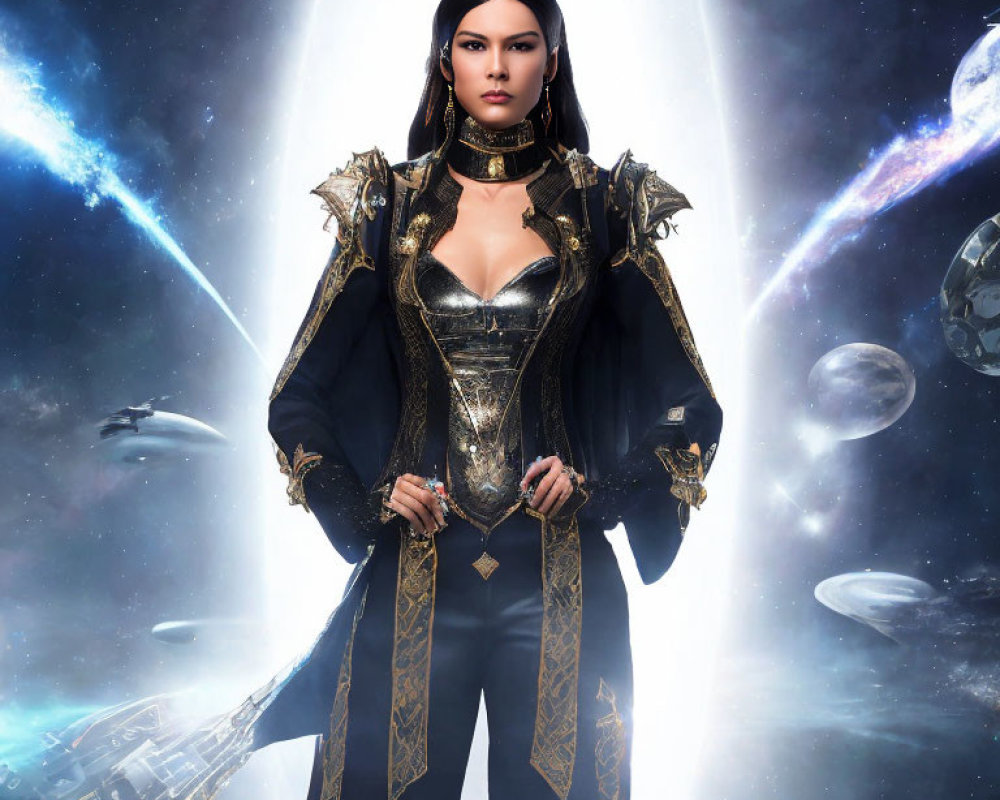 Sci-Fi digital artwork: Woman in black and gold outfit with intergalactic backdrop.