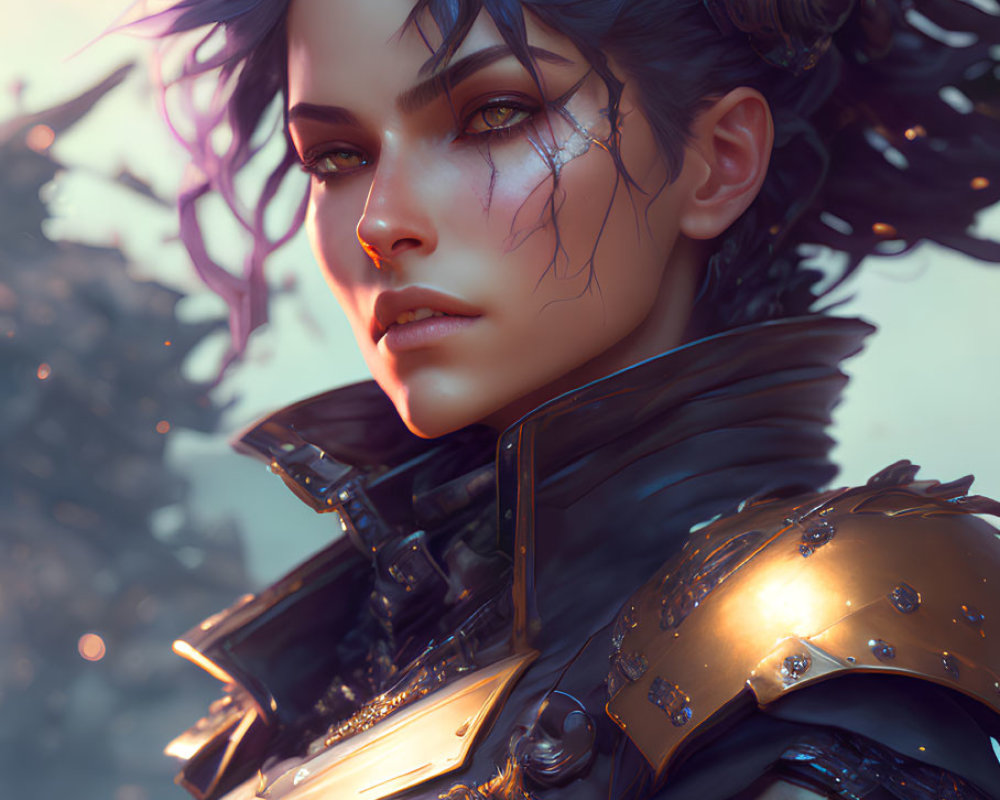 Digital Artwork: Woman with Purple Hair and Golden Armor