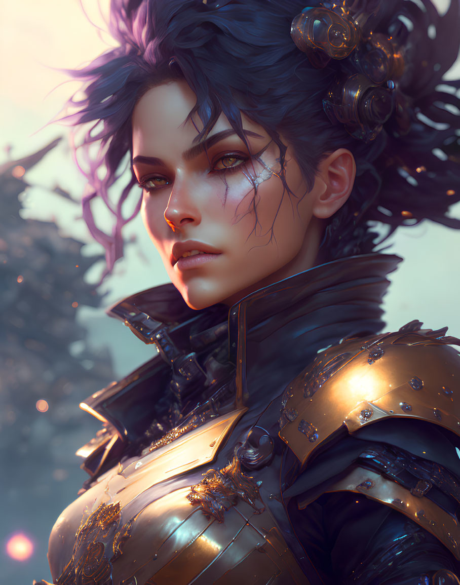 Digital Artwork: Woman with Purple Hair and Golden Armor