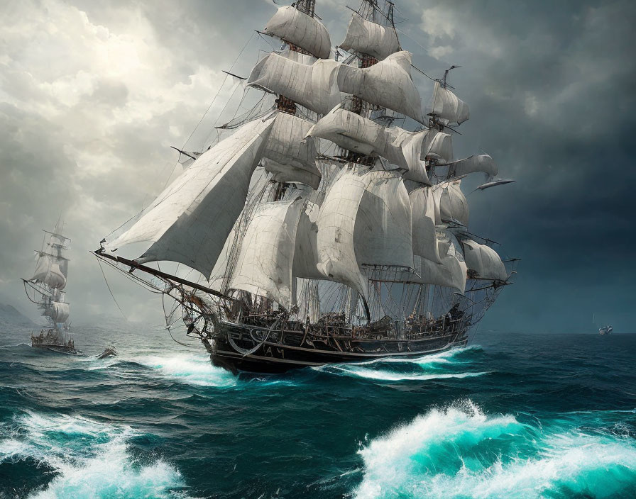 Tall ship with full sails in stormy seas with distant ships