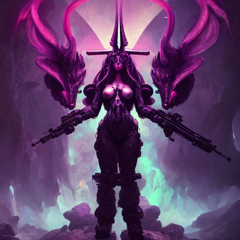 Fantasy female warrior with horned helmet and futuristic guns in purple environment