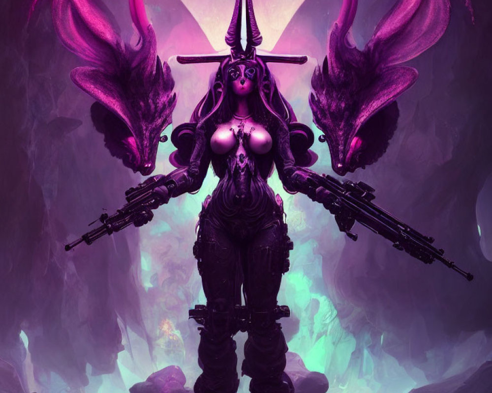 Fantasy female warrior with horned helmet and futuristic guns in purple environment