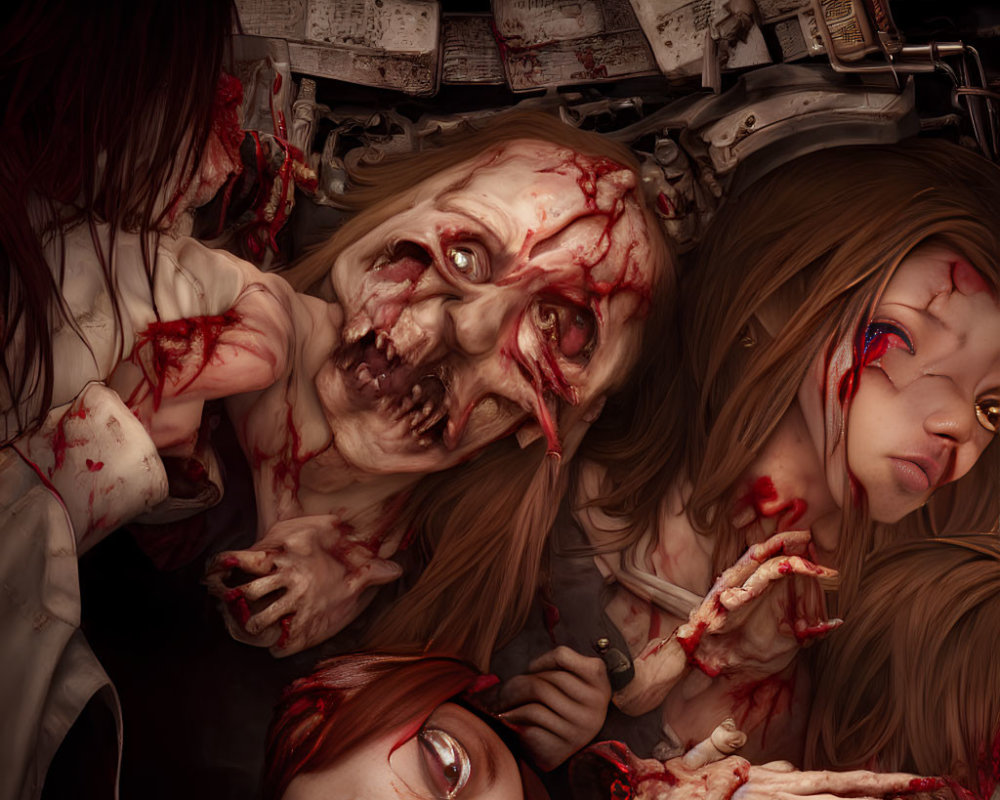 Distorted bloody faces with horror-stricken expressions in digital artwork