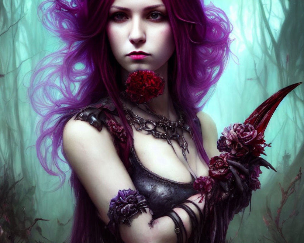 Purple-haired woman with scythe in misty woods with dark flowers and chains