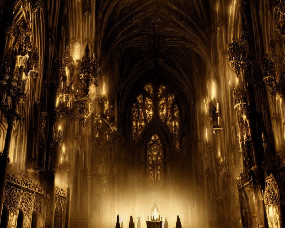 Ornate Gothic Cathedral Interior with Arched Ceilings and Candles