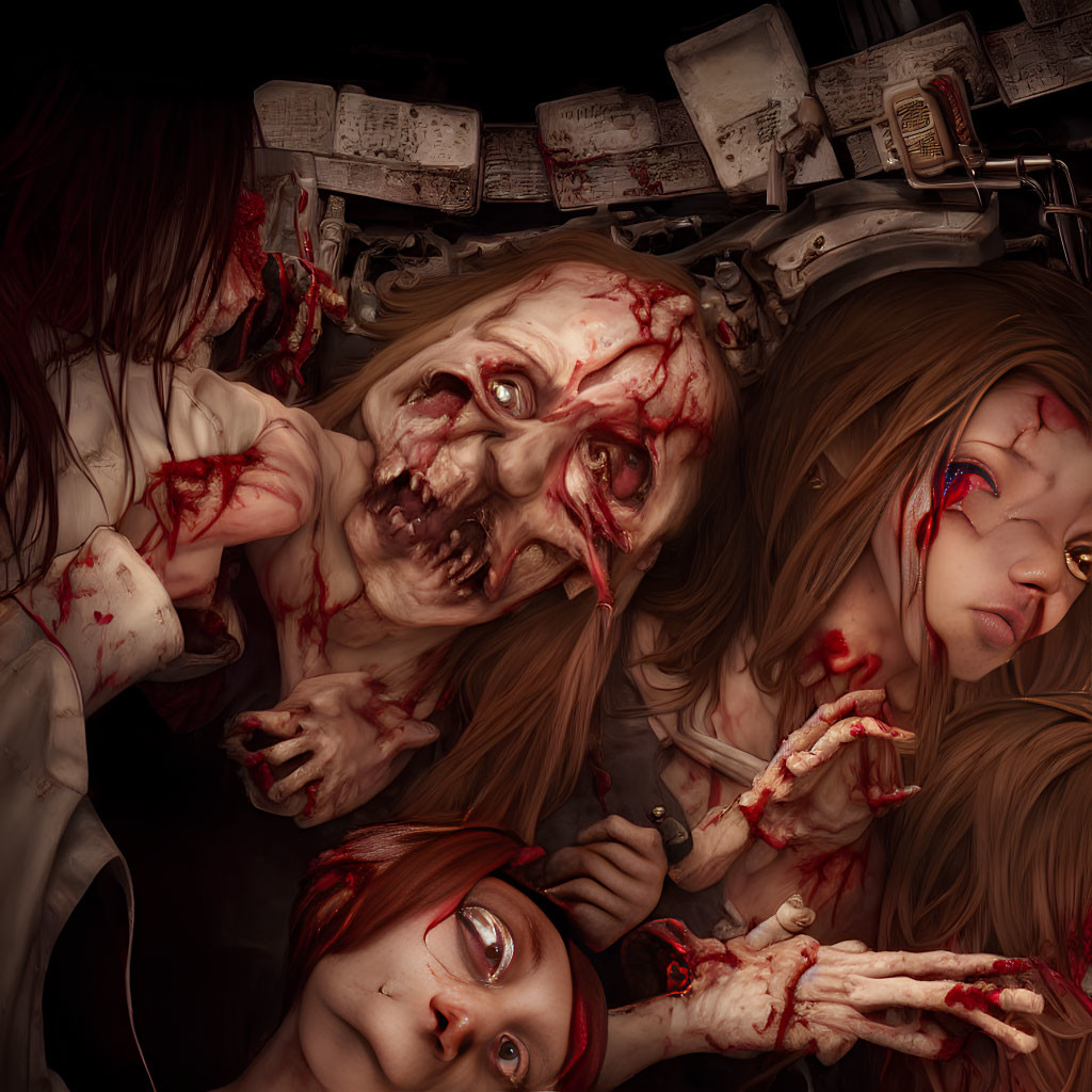 Distorted bloody faces with horror-stricken expressions in digital artwork