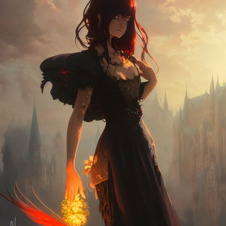 Dark-haired woman in black dress wields fiery magic at gothic castle