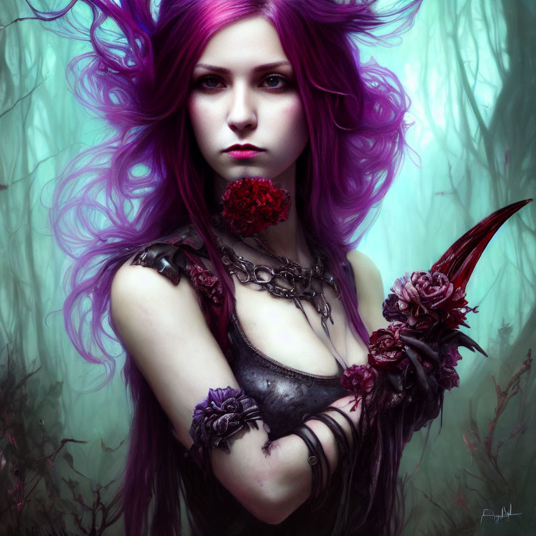 Purple-haired woman with scythe in misty woods with dark flowers and chains