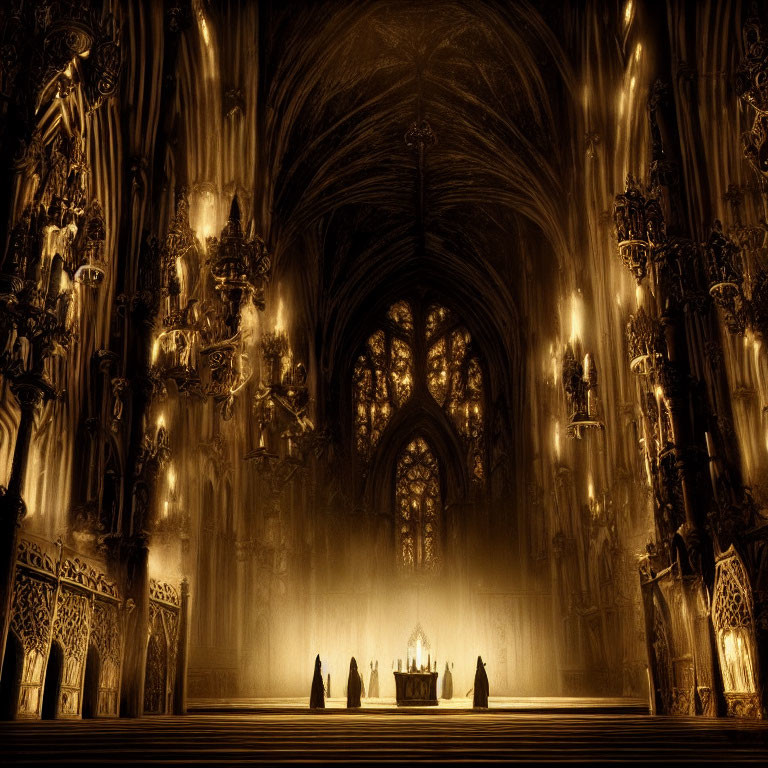 Ornate Gothic Cathedral Interior with Arched Ceilings and Candles