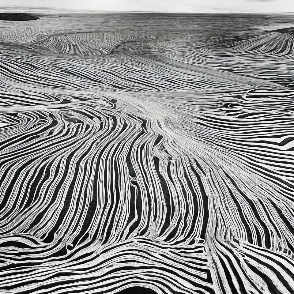 Monochrome image of undulating farmland contours