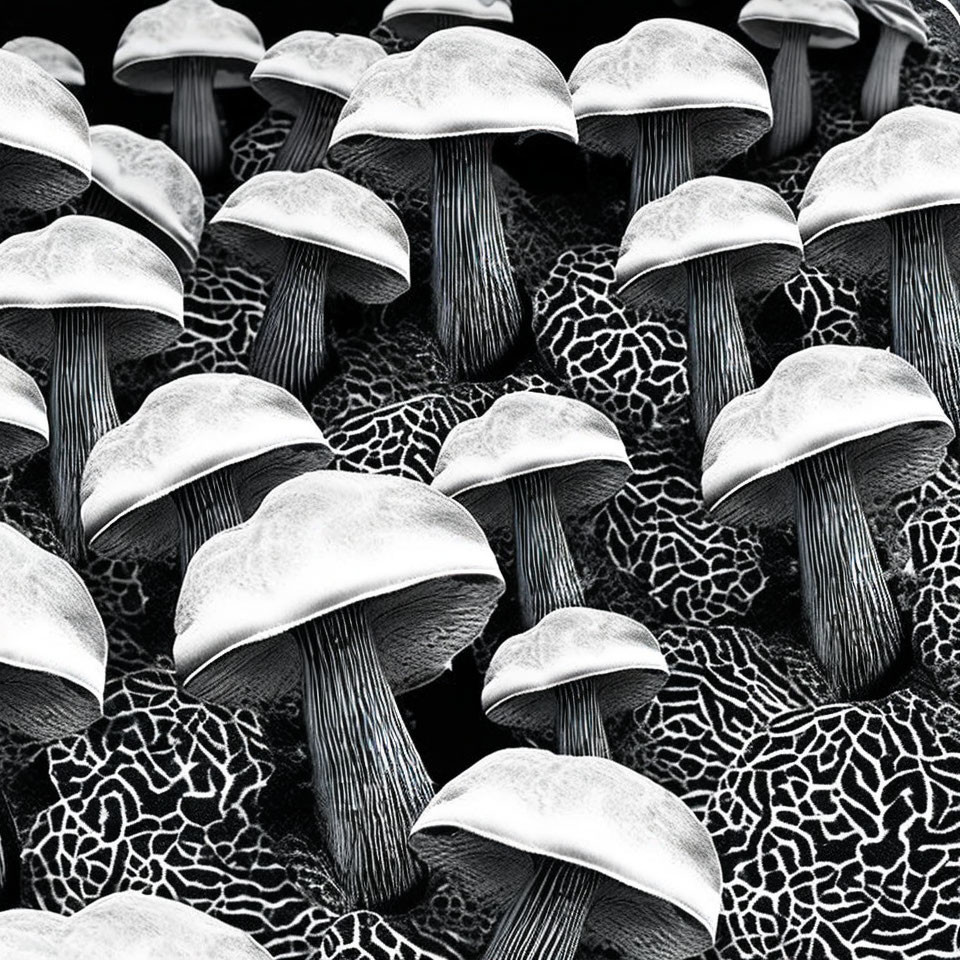 Monochrome close-up of gilled mushrooms on textured surface