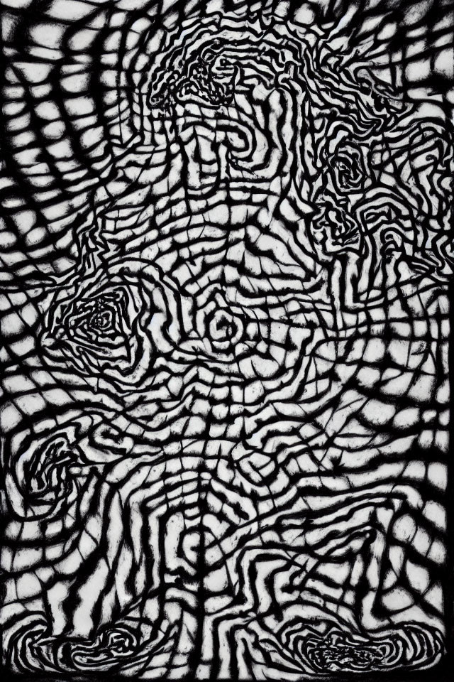 Monochrome abstract pattern with maze-like design and light-dark contrast