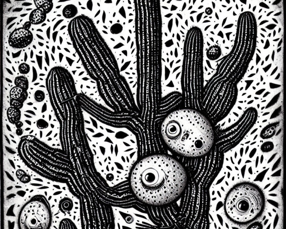 Monochrome surreal cacti with eyeballs and abstract patterns