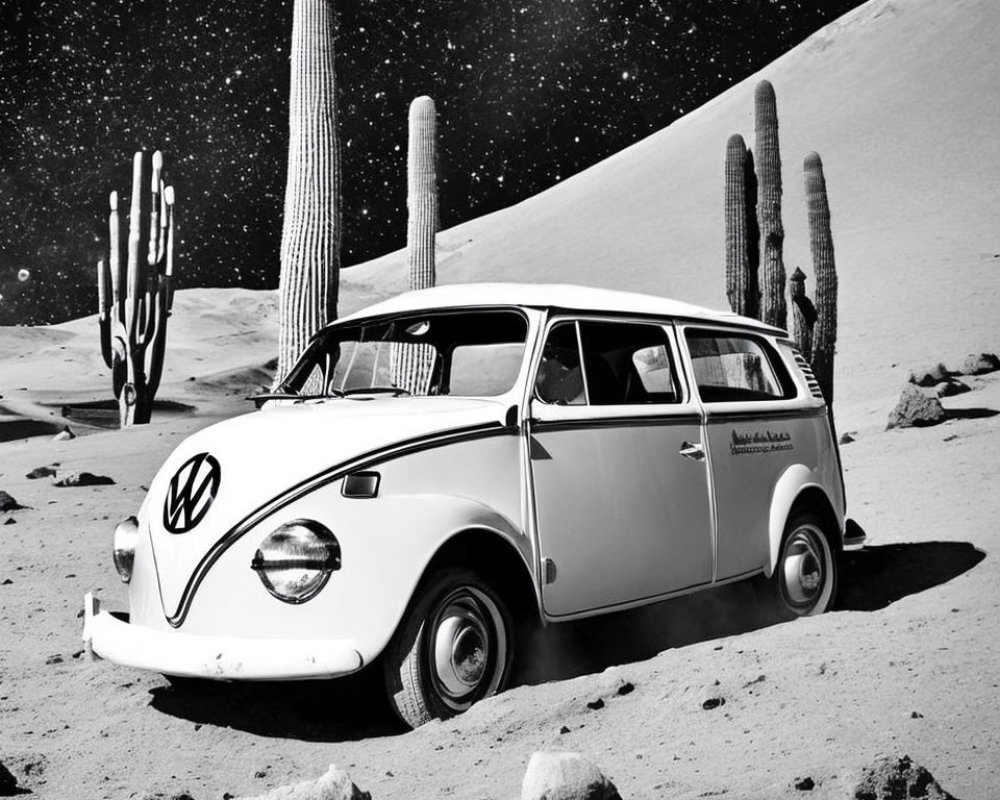 Vintage Volkswagen Bus in Surreal Desert Landscape with Cacti and Starry Sky