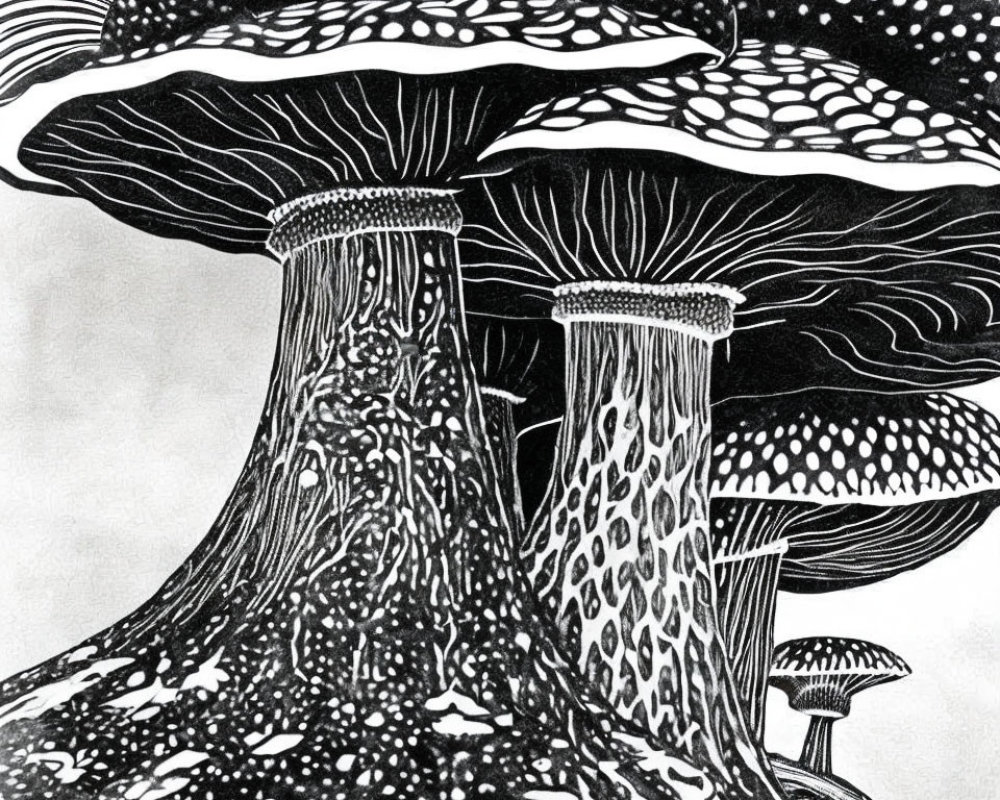 Detailed Monochrome Stylized Mushroom Drawing