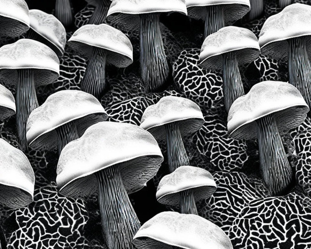 Monochrome close-up of gilled mushrooms on textured surface