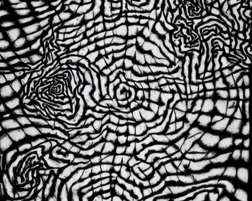 Monochrome abstract pattern with maze-like design and light-dark contrast