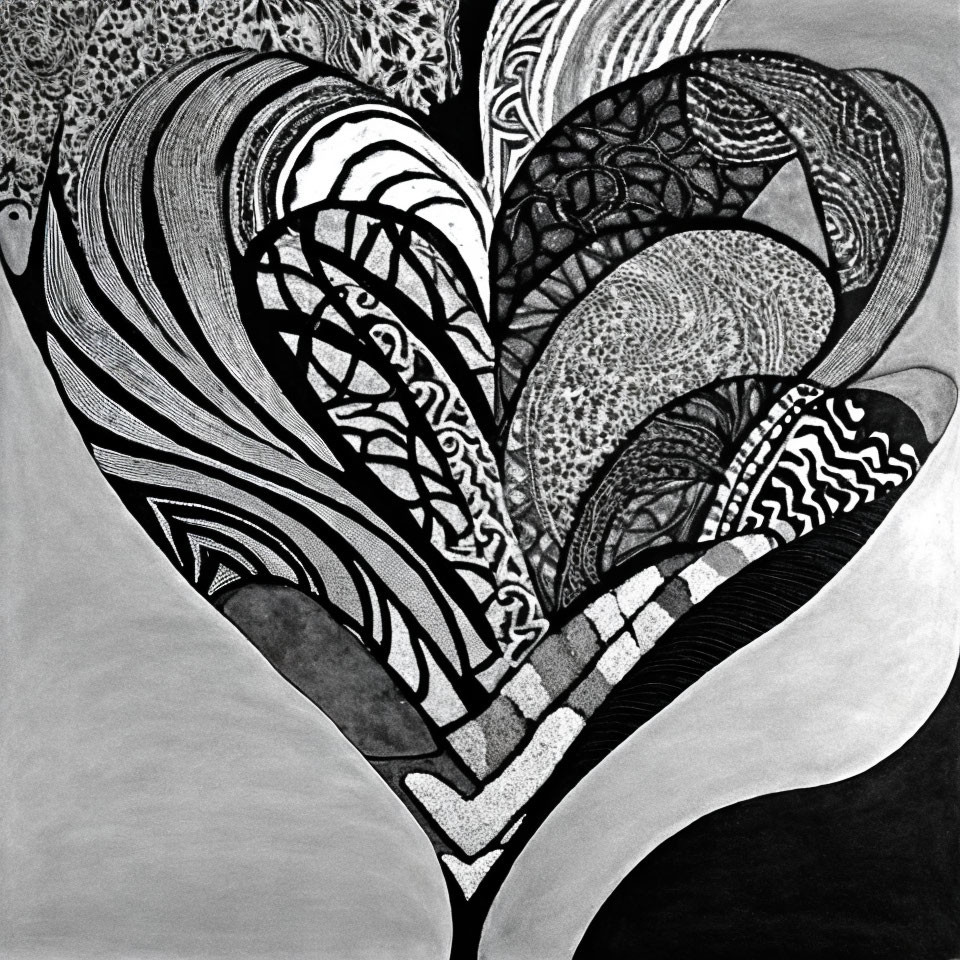 Monochrome drawing of intricate heart with abstract patterns and textures