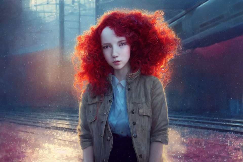 Young woman with bright red curly hair in beige jacket and blue shirt against urban background.