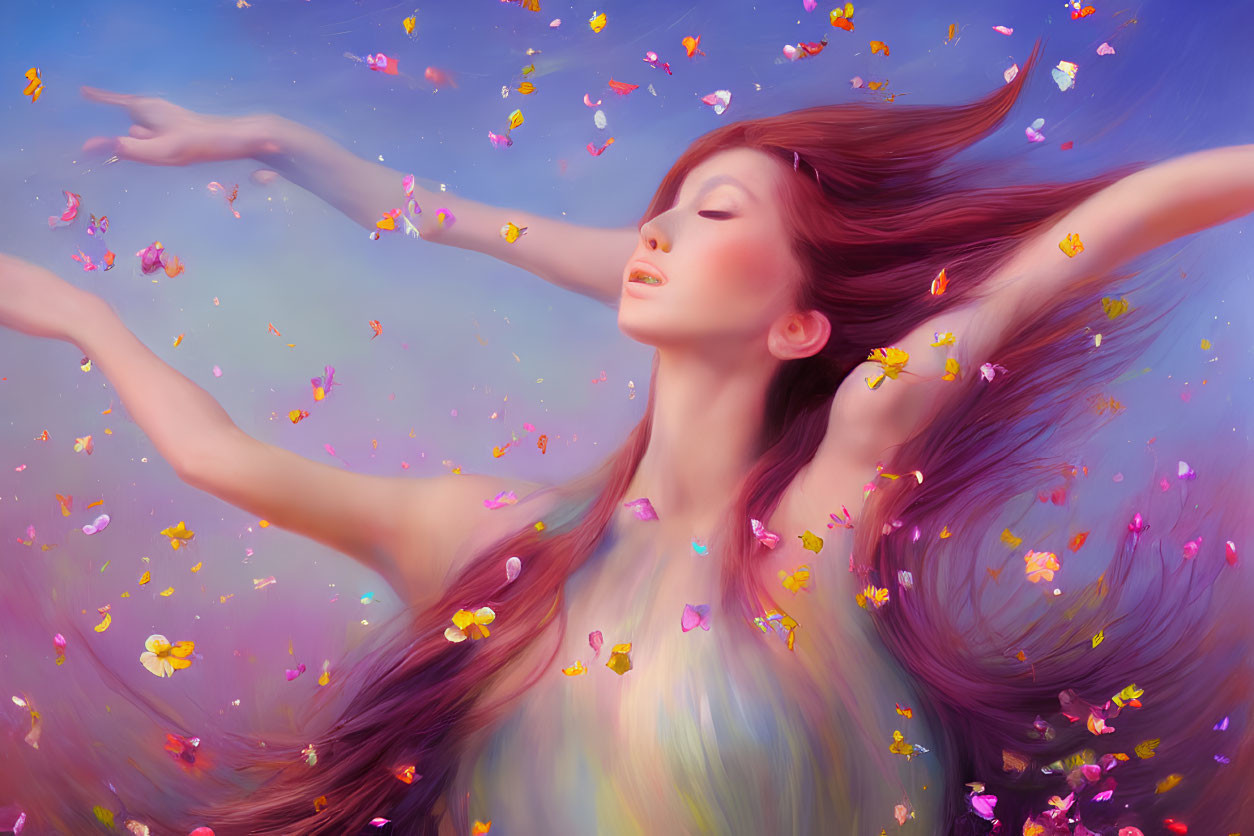 Colorful butterflies surround woman with flowing hair on dreamy violet backdrop