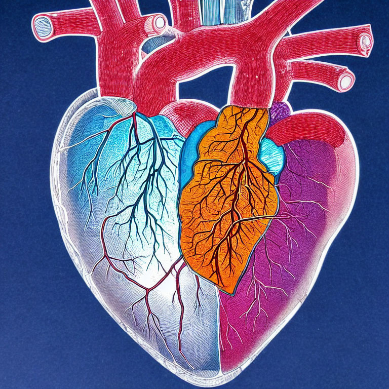 Detailed Human Heart Illustration with Chambers, Arteries, and Veins in Red, Blue,