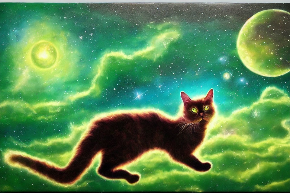 Black Cat with Luminous Eyes in Cosmic Setting with Green Nebulas