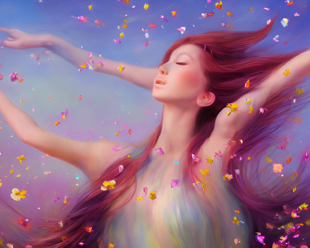 Colorful butterflies surround woman with flowing hair on dreamy violet backdrop