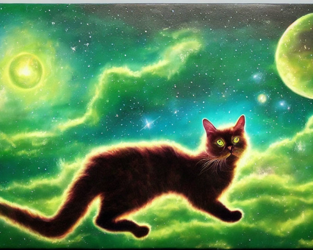 Black Cat with Luminous Eyes in Cosmic Setting with Green Nebulas