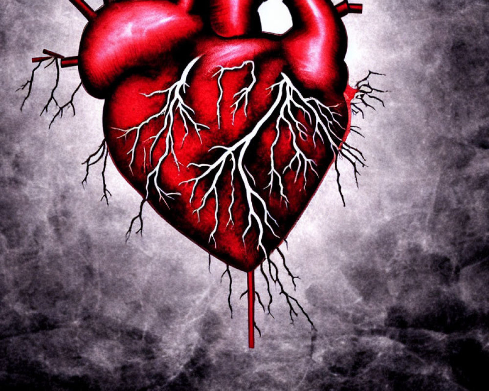 Detailed illustration of human heart with arteries and veins on dark grey backdrop