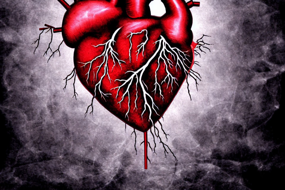 Detailed illustration of human heart with arteries and veins on dark grey backdrop