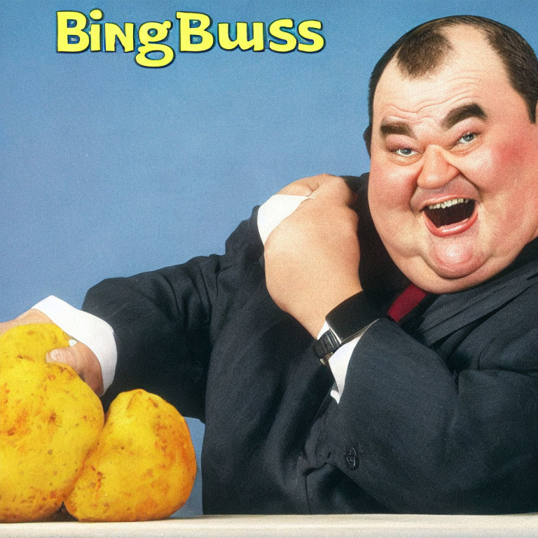 Man in suit holding two large potatoes on blue background with "BingBuss" text