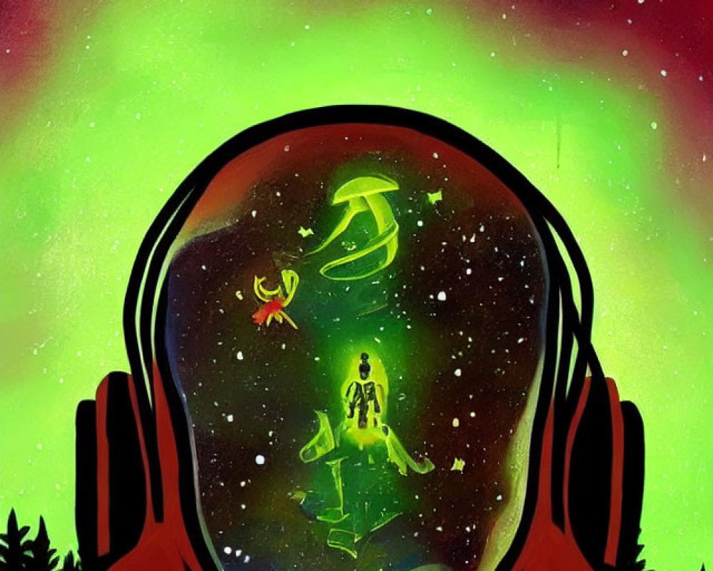 Astronaut helmet reflecting vivid dreamscape with children, creatures, and cosmic backdrop.