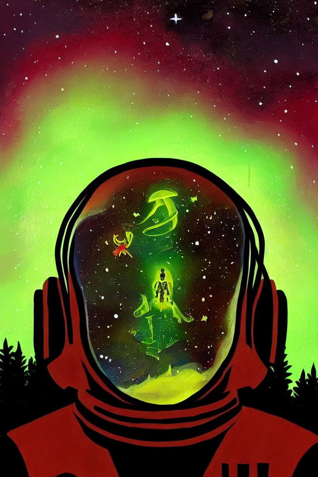 Astronaut helmet reflecting vivid dreamscape with children, creatures, and cosmic backdrop.