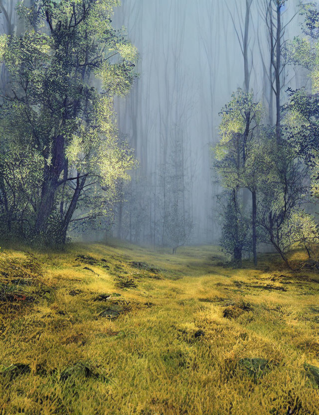 Mystical forest with sunlit undergrowth and towering trees